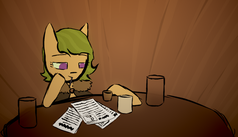 Size: 1178x679 | Tagged: safe, artist:sunberry, derpibooru import, oc, oc:sunberry, earth pony, pony, bureaucracy, clothes, coat, coffee mug, glass, green hair, mouth hold, mug, paper, paperwork, pen, purple eyes, shot glass, table