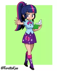 Size: 1000x1250 | Tagged: safe, artist:ferettokun, color edit, derpibooru import, edit, editor:michaelsety, twilight sparkle, twilight sparkle (alicorn), alicorn, equestria girls, equestria girls series, alternate hairstyle, book, colored, female, human coloration, i can't believe it's not sci-twi, light skin, light skin edit, ponytail, skin color edit, solo