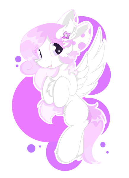 Size: 901x1242 | Tagged: safe, artist:fireworks sea, derpibooru import, oc, unofficial characters only, pegasus, pony, abstract background, bow, chest fluff, ear fluff, female, flying, hair bow, looking at you, mare, smiling, solo, spread wings, wings