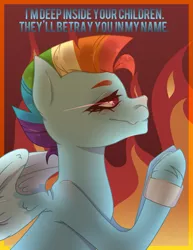 Size: 1155x1500 | Tagged: safe, artist:brando, derpibooru import, rainbow dash, pegasus, pony, alternate hairstyle, bandage, devil, female, fire, glowing eyes, mare, mohawk, praying, solo