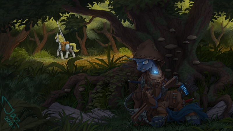 Size: 3000x1688 | Tagged: safe, artist:1jaz, derpibooru import, oc, unofficial characters only, earth pony, pony, unicorn, ambush, arrows, bag, bush, clothes, crossbow, fantasy, forest, grass, hiding, saddle bag, scenery, tree, weapon