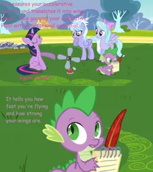 Size: 1920x2160 | Tagged: safe, derpibooru import, edit, edited screencap, editor:awkward segway, screencap, cloudchaser, flitter, spike, twilight sparkle, dragon, pegasus, pony, unicorn, hurricane fluttershy, anemometer, bow, bush, caption, cloud, comic sans, confused, dialogue, eyes closed, female, flower, frown, grass, hill, hoof on chin, house, image macro, looking down, looking up, male, mare, movie reference, notepad, open mouth, pointing, quill, shadow, sky, smiling, sonic movie 2020, spread wings, talking, text, track, tree, unicorn twilight, wings, wings down, writing
