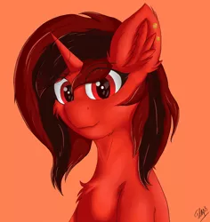 Size: 1976x2092 | Tagged: safe, artist:flapstune, derpibooru import, oc, oc:flaps tune, pony, unicorn, bust, ear piercing, earring, female, fluffy, horn, jewelry, mare, orange background, piercing, signature, simple background, smiling, solo