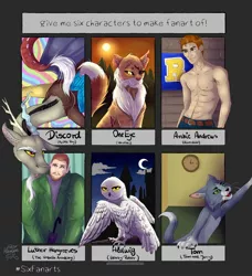 Size: 1864x2048 | Tagged: safe, artist:starmoonlightfox, derpibooru import, discord, bird, cat, draconequus, human, owl, six fanarts, abs, clock, clothes, crescent moon, crossover, eye scar, harry potter, hedwig, male, moon, night, pants, partial nudity, riverdale, scar, signature, the umbrella academy, tom and jerry, tom (tom and jerry), topless, warrior cats