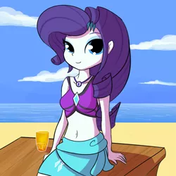 Size: 3375x3375 | Tagged: safe, artist:tjpones, derpibooru import, rarity, equestria girls, beach, beach shorts swimsuit, belly button, bikini, bikini top, breasts, busty rarity, clothes, drink, female, geode of shielding, looking at you, magical geodes, midriff, rarity's beach shorts swimsuit, solo, swimsuit