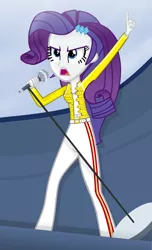 Size: 900x1481 | Tagged: safe, artist:grapefruitface1, derpibooru import, rarity, equestria girls, base used, belly button, clothes, cosplay, costume, female, freddie mercury, microphone, microphone stand, queen (band), solo, stage