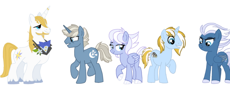 Size: 1280x512 | Tagged: safe, artist:russmindjk, derpibooru import, night glider, prince blueblood, oc, oc:moonbeam, oc:permafrost, oc:steele blue, pegasus, pony, unicorn, base used, beard, crack ship offspring, crack shipping, facial hair, family, horn, horn ring, jewelry, offspring, parent:night glider, parent:prince blueblood, ring, shipping, simple background, transparent background