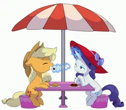 Size: 4096x3571 | Tagged: safe, alternate version, artist:chub-wub, derpibooru import, applejack, rarity, earth pony, pony, unicorn, alternate hairstyle, apple, applejack's hat, background removed, bedroom eyes, cake, cowboy hat, eating, eyeshadow, female, food, fork, freckles, glowing horn, hat, herbivore, horn, lesbian, magic, makeup, mare, open mouth, plate, rarijack, shipping, simple background, stool, strawberry, sun hat, table, telekinesis, umbrella, white background