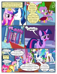 Size: 612x792 | Tagged: safe, artist:newbiespud, derpibooru import, edit, edited screencap, screencap, applejack, fluttershy, pinkie pie, princess celestia, queen chrysalis, rainbow dash, rarity, shining armor, spike, twilight sparkle, alicorn, dragon, earth pony, pegasus, pony, unicorn, comic:friendship is dragons, a canterlot wedding, angry, comic, dialogue, eyes closed, glowing horn, grin, hat, hoof shoes, horn, indoors, jewelry, looking back, magic, male, mane seven, mane six, open mouth, peytral, pillow, pointy ponies, royal guard, screencap comic, smiling, stallion, telekinesis, tiara, unicorn twilight