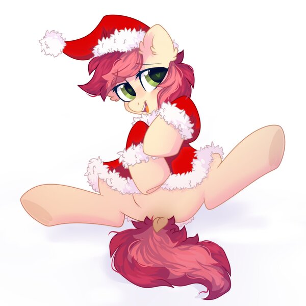 Size: 2000x2000 | Tagged: suggestive, alternate version, artist:mirtash, derpibooru import, roseluck, earth pony, pony, background pony, blushing, christmas, clothes, costume, dock, ear fluff, explicit source, female, holiday, looking at you, mare, santa costume, simple background, solo, spread legs, spreading