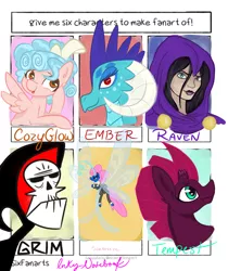Size: 1188x1416 | Tagged: safe, artist:inkynotebook, derpibooru import, cozy glow, princess ember, seabreeze, tempest shadow, breezie, dragon, pegasus, pony, unicorn, six fanarts, bone, broken horn, bust, clothes, crossover, dragoness, female, filly, grim, hood, horn, mare, raven (teen titans), skeleton, smiling, teen titans, the grim adventures of billy and mandy
