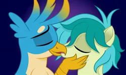 Size: 1280x766 | Tagged: safe, artist:cloudyglow, derpibooru import, gallus, sandbar, earth pony, gryphon, pony, eyes closed, gallbar, gay, interspecies, kissing, male, shipping