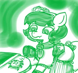 Size: 640x600 | Tagged: safe, artist:ficficponyfic, derpibooru import, part of a set, oc, oc:mulberry telltale, insect, cyoa:madness in mournthread, bag, boots, clothes, cyoa, disgusted, dress, flower, frills, headband, monochrome, neckerchief, recoil, scrunchy face, shawl, shoes, story included, surprised, table, tablecloth