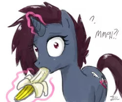 Size: 900x749 | Tagged: safe, artist:johnjoseco, derpibooru import, oc, oc:inky notebook, pony, unicorn, banana, eating, female, food, glowing horn, herbivore, horn, magic, mare, signature, solo, suggestive eating, telekinesis, unicorn oc