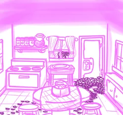 Size: 640x600 | Tagged: safe, artist:ficficponyfic, derpibooru import, part of a set, oc, oc:mulberry telltale, cyoa:madness in mournthread, curtains, cyoa, flower, headband, insect swarm, insect trail, jar, kitchen, looking through the window, magical insect, monochrome, mystery, ovon, part of a series, peaking, peeping, stools, story included, stove, table