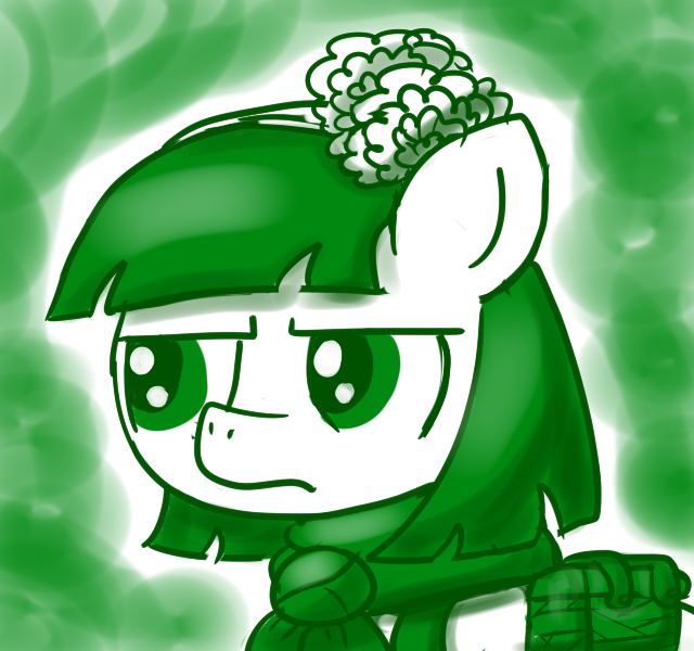 Size: 640x600 | Tagged: safe, artist:ficficponyfic, derpibooru import, part of a set, oc, oc:mulberry telltale, cyoa:madness in mournthread, bag, cyoa, ears up, flower, frown, headband, looking to the left, monochrome, neckerchief, set brows, shawl, sideways glance, story included