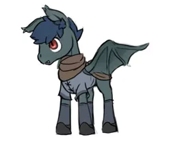 Size: 800x663 | Tagged: safe, artist:multiverseequine, derpibooru import, oc, oc:rough fluff, unofficial characters only, bat pony, pony, bat pony oc, bat wings, clothes, daybreak island, male, shirt, shoes, simple background, socks, solo, spread wings, stallion, standing, white background, wings