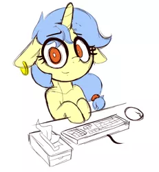 Size: 1182x1281 | Tagged: safe, artist:fullmetalpikmin, derpibooru import, oc, oc:viewing pleasure, pony, unicorn, colored sketch, computer mouse, ear piercing, earring, image, jewelry, keyboard, looking at you, piercing, png, solo, tissue box