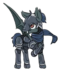 Size: 1089x1253 | Tagged: safe, artist:multiverseequine, derpibooru import, oc, oc:rough fluff, unofficial characters only, bat pony, pony, armor, bat pony oc, bat wings, clothes, daybreak island, male, scarf, simple background, solo, stallion, standing, transparent background, wings