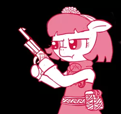 Size: 640x600 | Tagged: safe, artist:ficficponyfic, derpibooru import, part of a set, oc, oc:mulberry telltale, pony, cyoa:madness in mournthread, bag, bent legs, boot, cyoa, drawn gun, drawn weapon, female, floppy ears, flower, frown, glare, gun, handgun, handkerchief, headband, looking to the left, mare, monochrome, mystery, part of a series, pistol, shawl, sideways glance, simple background, story included, weapon