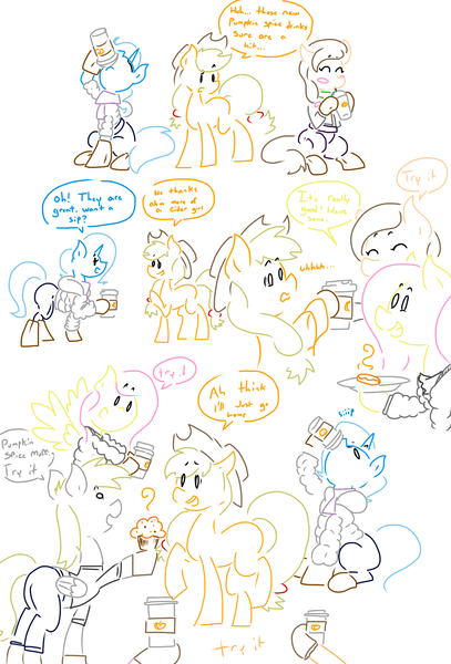 Size: 1627x2400 | Tagged: questionable, artist:doodledandy, derpibooru import, applejack, fluttershy, pinkie pie, coffee, coffee cup, comic, cup, female, funny, pumpkin spice