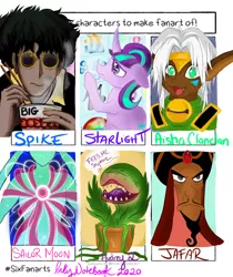 Size: 1188x1416 | Tagged: safe, artist:inkynotebook, derpibooru import, starlight glimmer, human, pony, unicorn, six fanarts, aisha clanclan, aladdin, audrey 2, beard, cowboy bebop, crossover, cutie mark vault, dark skin, facial hair, female, food, jafar, little shop of horrors, male, mare, noodles, outlaw star, ramen, s5 starlight, sailor moon, spike spiegel, transformation