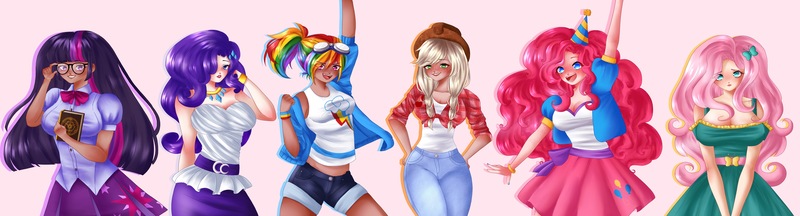 Size: 7599x2048 | Tagged: suggestive, artist:tyjoloseph, derpibooru import, kotobukiya, applejack, fluttershy, pinkie pie, rainbow dash, rarity, sci-twi, twilight sparkle, twilight sparkle (alicorn), alicorn, equestria girls, absurd resolution, big breasts, breasts, busty applejack, busty fluttershy, busty pinkie pie, busty rainbow dash, busty rarity, busty twilight sparkle, cleavage, female, hat, human coloration, humane five, humane six, i can't believe it's not sci-twi, kotobukiya twilight sparkle, party hat, twilight's professional glasses