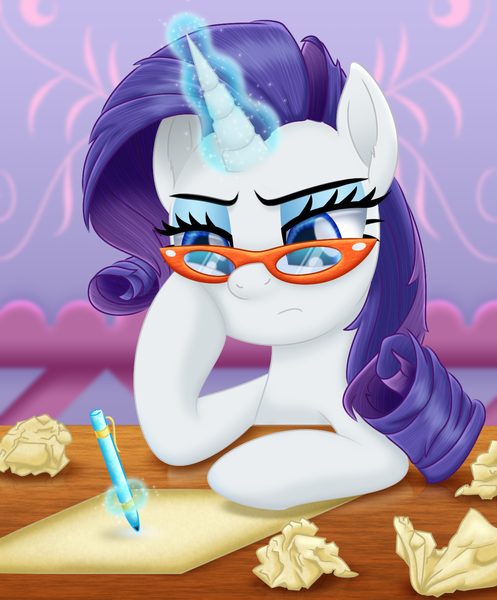 Size: 1208x1458 | Tagged: safe, artist:lifesharbinger, derpibooru import, rarity, pony, unicorn, artist's block, carousel boutique, female, hoof on cheek, magic, mare, paper, pen, rarity's glasses, solo, table, telekinesis, thinking