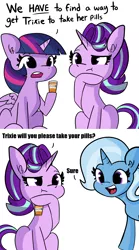 Size: 2250x4052 | Tagged: safe, artist:tjpones, derpibooru import, edit, starlight glimmer, trixie, twilight sparkle, twilight sparkle (alicorn), alicorn, pony, unicorn, bottle, dialogue, everything is fixed, female, hoof on chin, mare, medicine, simple background, sitting, that was easy, trixie's pills, white background