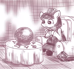 Size: 640x600 | Tagged: safe, artist:ficficponyfic, derpibooru import, part of a set, oc, oc:mulberry telltale, cyoa:madness in mournthread, boots, clothes, crystal ball, cyoa, dress, ears up, enchanted crystal ball, enchanted table, flower, headband, hooves together, intense, intense stare, magic runes, monochrome, neckerchief, pursed lips, shawl, shoes, sitting in chair, story included, table, watching