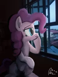 Size: 3456x4608 | Tagged: safe, artist:raphaeldavid, derpibooru import, pinkie pie, earth pony, pony, autodesk sketchbook, female, irl, looking out the window, photo, ponies in real life, ponk, sad, signature, solo, window