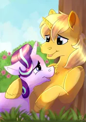 Size: 2480x3507 | Tagged: safe, artist:ryla, derpibooru import, starlight glimmer, oc, oc:sunlight bolt, canon x oc, commission, cuddling, glimmbolt, looking at each other, romantic, ych result