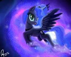 Size: 1280x1024 | Tagged: safe, artist:raphaeldavid, derpibooru import, princess luna, alicorn, pony, autodesk sketchbook, ethereal mane, female, flying, mare, solo, starry background