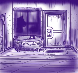 Size: 640x600 | Tagged: safe, artist:ficficponyfic, derpibooru import, part of a set, cyoa:madness in mournthread, cup, curtains, cyoa, door, door mat, empty room, monochrome, shadow, shadow on curtains, story included, table, teacup