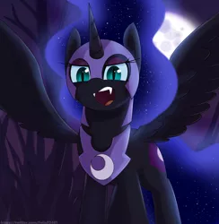 Size: 4000x4100 | Tagged: safe, artist:feital-zebra, artist:felixf, derpibooru import, nightmare moon, alicorn, pony, ethereal mane, fangs, female, full moon, mare, moon, night, nightmare night, signature, slit pupils, solo, spread wings, wings