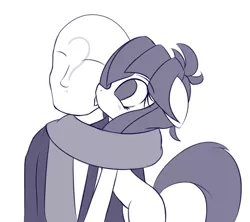 Size: 1465x1303 | Tagged: safe, artist:an-m, derpibooru import, oc, oc:abstract module, oc:anon, unofficial characters only, human, pony, clothes, grayscale, licking, monochrome, scarf, simple background, tongue out, white background