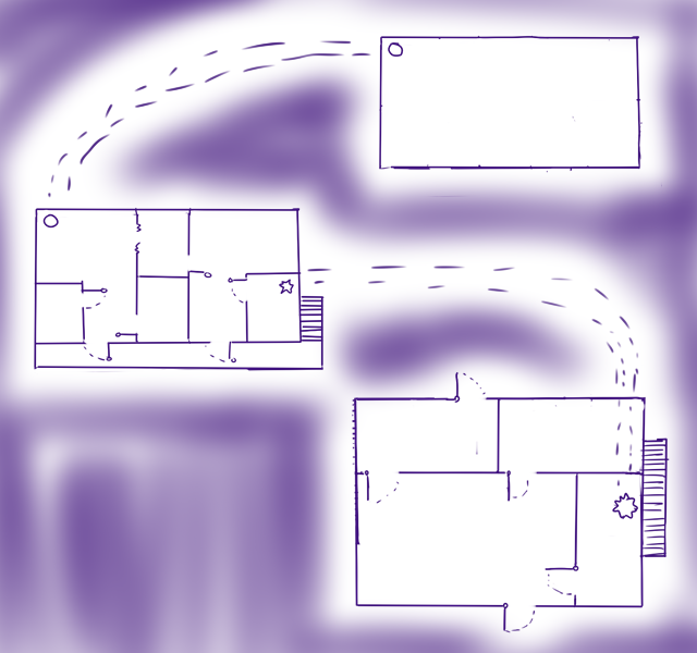 Size: 640x600 | Tagged: safe, artist:ficficponyfic, derpibooru import, part of a set, cyoa:madness in mournthread, building plan, cyoa, door shadow, floor plan, hole, map, monochrome, stares, story included