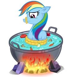 Size: 1818x2000 | Tagged: safe, artist:wangkingfun, derpibooru import, rainbow dash, pegasus, pony, magical mystery cure, carrot, cooked alive, cooking, cooking vore, female, fire, floppy ears, food, implied cannibalism, implied vore, mare, mushroom, pony as food, pot, simple background, solo, transparent background