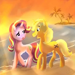 Size: 2300x2300 | Tagged: safe, artist:ryla, derpibooru import, starlight glimmer, oc, oc:sunlight bolt, beach, canon x oc, commission, date, glimmbolt, romantic, sunset, ych result