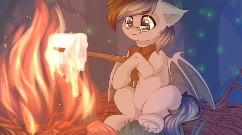 Size: 2500x1400 | Tagged: safe, artist:alphadesu, derpibooru import, oc, oc:times one, bat pony, pony, campfire, clothes, food, male, marshmallow, scarf, stallion