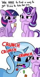 Size: 568x1098 | Tagged: semi-grimdark, artist:tjpones, derpibooru import, edit, editor:background pony #91z0, part of a set, starlight glimmer, trixie, twilight sparkle, twilight sparkle (alicorn), alicorn, pony, unicorn, bleeding, blood, bloody mouth, bottle, broken, broken tooth, bust, crying, cute, dialogue, diatrixes, eating, everything is fixed, female, hoof on chin, lego, mare, medicine, onomatopoeia, ouch, pain, pica, simple background, sitting, solo, tears of pain, that was easy, this will end in tears, trixie's pills, wat, white background