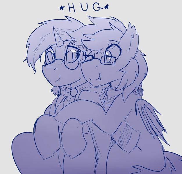 Size: 1226x1176 | Tagged: safe, artist:pillowsword, derpibooru import, sunburst, oc, oc:times one, bat pony, pony, unicorn, clothes, facial hair, glasses, hug, male, scarf, stallion