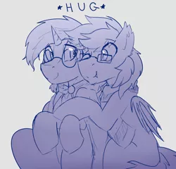 Size: 1226x1176 | Tagged: safe, artist:pillowsword, derpibooru import, sunburst, oc, oc:times one, bat pony, pony, unicorn, clothes, facial hair, glasses, hug, male, scarf, stallion