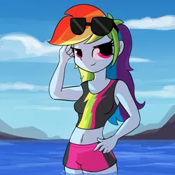Size: 2925x2925 | Tagged: safe, artist:tjpones, derpibooru import, rainbow dash, equestria girls, beach, beach shorts swimsuit, belly button, breasts, busty rainbow dash, clothes, cool, faic, female, hand on hip, midriff, ocean, rainbow dash's beach shorts swimsuit, smiling, smirk, smug, smugdash, solo, sunglasses, swimming trunks, swimsuit