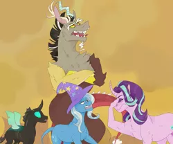 Size: 2683x2236 | Tagged: safe, artist:m00n-fruit, derpibooru import, discord, starlight glimmer, thorax, trixie, changeling, draconequus, pony, unicorn, to where and back again, chest fluff, facehoof, female, male, mare, reformed four