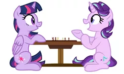 Size: 2000x1200 | Tagged: safe, artist:yaaaco, derpibooru import, starlight glimmer, twilight sparkle, twilight sparkle (alicorn), alicorn, pony, unicorn, chess, chess piece, chessboard, duo, female, mare, open mouth, raised hoof, simple background, sitting, table, white background