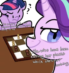 Size: 900x950 | Tagged: safe, artist:yaaaco, derpibooru import, starlight glimmer, twilight sparkle, twilight sparkle (alicorn), alicorn, pony, unicorn, chess, chess piece, chessboard, confused, dialogue, female, mare, meme, open mouth, question mark, raised hoof, simple background, sitting, smiling, smirk, smug, smuglight glimmer, table, wat, white background