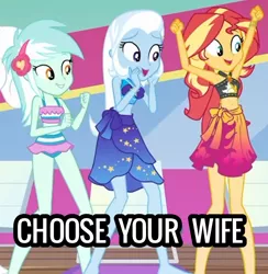 Size: 1144x1173 | Tagged: safe, derpibooru import, edit, edited screencap, screencap, lyra heartstrings, sunset shimmer, trixie, equestria girls, equestria girls series, i'm on a yacht, spoiler:eqg series (season 2), armpits, belly button, bikini, bikini bottom, bikini top, chair, choose your wife, clothes, cropped, cute, diatrixes, female, frilled swimsuit, geode of empathy, image, lyrabetes, magical geodes, png, sarong, shimmerbetes, sleeveless, swimsuit, trio, trio female, trixie's beach shorts swimsuit