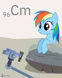 Size: 4000x5000 | Tagged: safe, artist:parclytaxel, derpibooru import, rainbow dash, pegasus, pony, series:joycall6's periodic table, .svg available, absurd resolution, alpha particle x-ray spectrometer, chemistry, curiosity, curium, female, mare, mars, mars rover, perching, periodic table, pun, rock, rocknest 3, smiling, solo, vector