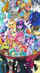 Size: 847x1514 | Tagged: safe, artist:inspectorvalvert, derpibooru import, adagio dazzle, angel bunny, apple bloom, applejack, derpy hooves, discord, doctor whooves, flash magnus, fluttershy, gallus, king sombra, lord tirek, meadowbrook, mistmane, ocellus, pinkie pie, pony of shadows, princess cadance, princess celestia, princess flurry heart, princess luna, queen chrysalis, rainbow dash, rarity, rockhoof, sandbar, scootaloo, shining armor, silverstream, smolder, somnambula, spike, star swirl the bearded, starlight glimmer, sunset shimmer, sweetie belle, tempest shadow, thorax, time turner, trixie, twilight sparkle, vinyl scratch, yona, alicorn, centaur, changedling, changeling, changeling queen, classical hippogriff, draconequus, earth pony, gryphon, hippogriff, pegasus, pony, rabbit, siren, unicorn, yak, angel is a bunny bastard, angry, animal, applejack's hat, beak, broken horn, clothes, colored pupils, colored sclera, cowboy hat, crown, curved horn, cutie mark crusaders, dark, egyptian pony, everypony, eyes closed, fangs, female, fins, glasses, glowing eyes, gritted teeth, happy, happy birthday mlp:fim, hat, hero, horn, image, jewelry, king thorax, large group, male, mane seven, mane six, mare, mlp fim's tenth anniversary, nose piercing, nose ring, one eye closed, open mouth, piercing, pillars of equestria, png, regalia, royal family, royal sisters, scales, scepter, siblings, sisters, slit eyes, stallion, student six, tail, tongue out, trixie's hat, twilight scepter, wall of tags, wings